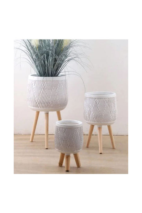 Fiber Planter Pot With Wooden Stand