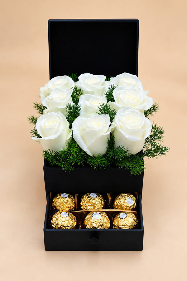 Front view of white roses with Ferrero Rocher drawer box, gift Dubai
