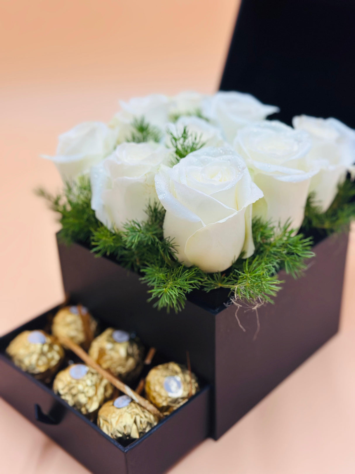White Roses with Ferrero Rocher – Luxury Flower & Chocolate Gift Box