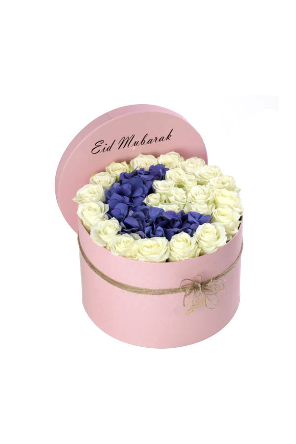 Eid Flower Gift - Moon Shape Flower Box featuring fresh flowers arranged in a crescent moon shape, beautifully packaged for Eid celebrations.