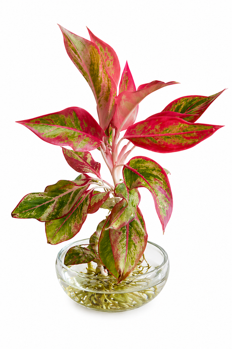 Aglaonema Red water plant in glass bowl with red-green leaves, indoor decorative plant