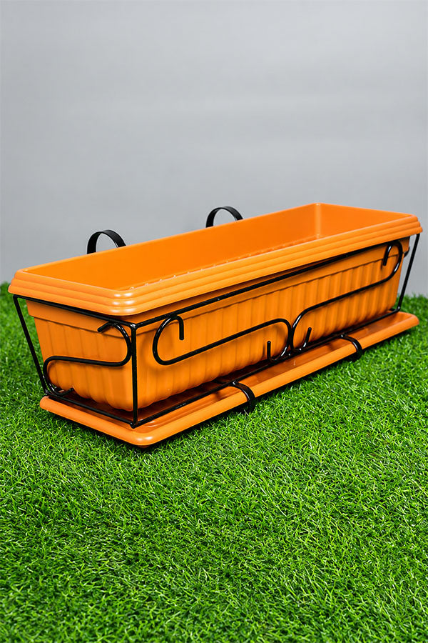 Balcony Rectangle Plastic Pot With Stand - Terracotta Color - Planter
