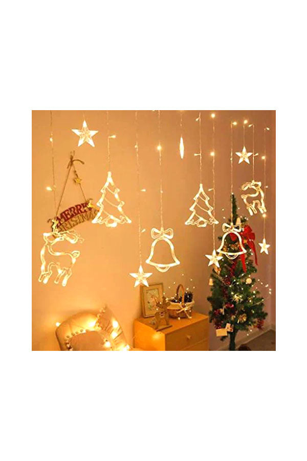 Weihnachtsfensterbeleuchtung und blinkendes Vorhanglicht mit Weihnachtselementen