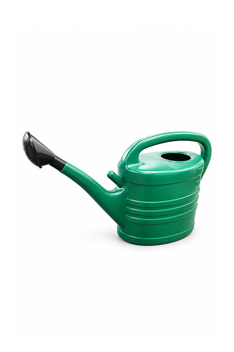 Green plastic garden watering can with long spout and handle