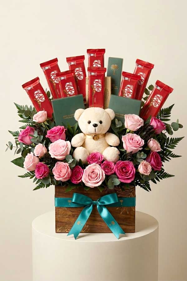 Luxury Teddy Bear & Chocolate Rose Hamper - Plantsworld.ae