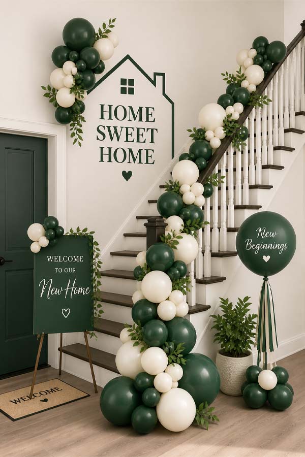 Birthday home balloon decoration setup with balloons and banner