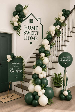 Birthday home balloon decoration setup with balloons and banner