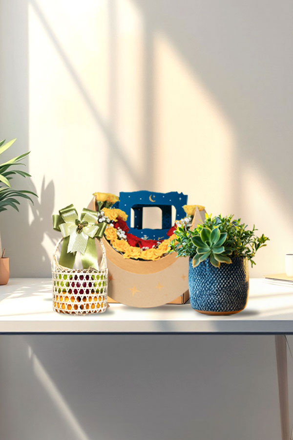 Eid festive gift set with flowers and decorative pots