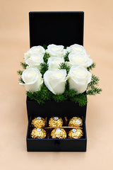 Front view of white roses with Ferrero Rocher drawer box, gift Dubai