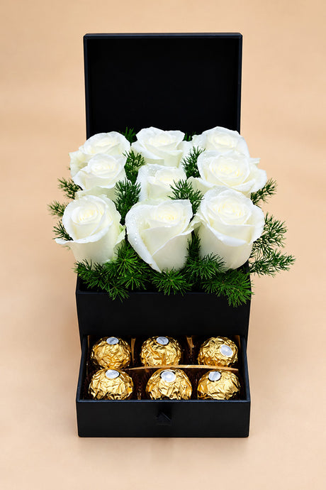 Front view of white roses with Ferrero Rocher drawer box, gift Dubai