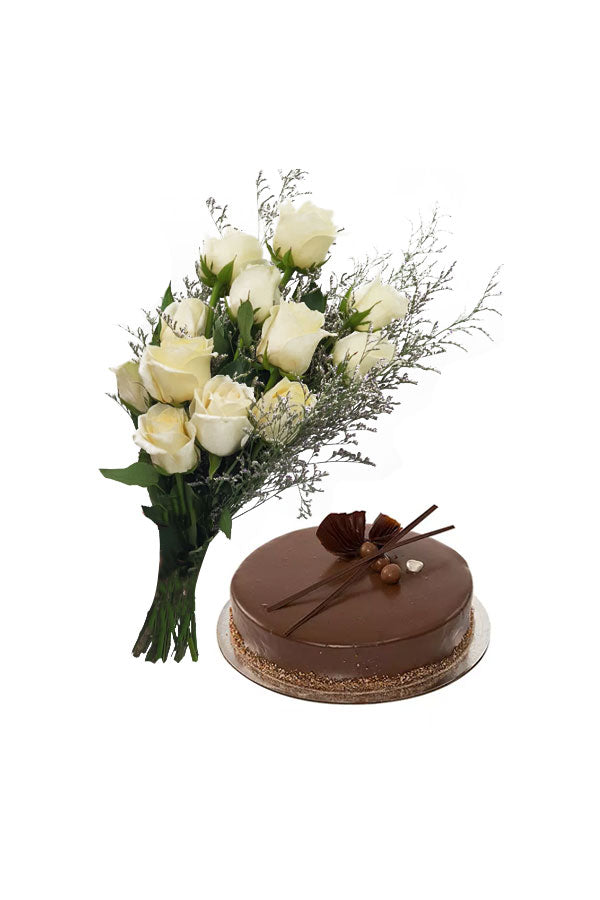 Eid-Blumengeschenk – weiße Rosen mit Kuchen