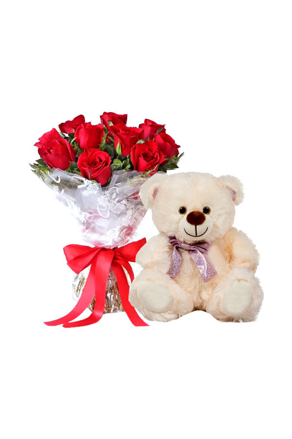 Sei glücklich - Roter Rosenstrauß mit Teddybär