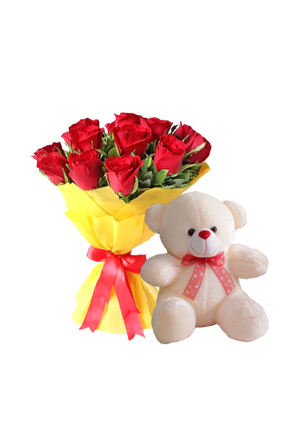 Schöner roter Blumenstrauß mit Teddybär