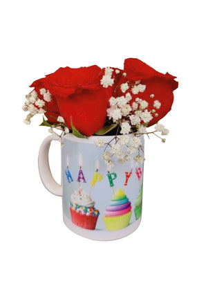 Birthday Mug - Flower gift with vibrant flowers and birthday-themed mug at Plantsworld.ae