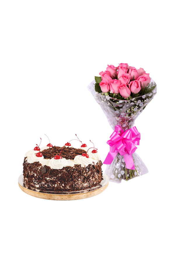 Flower With Cake-Black Forest Cake With Rose Bouquet