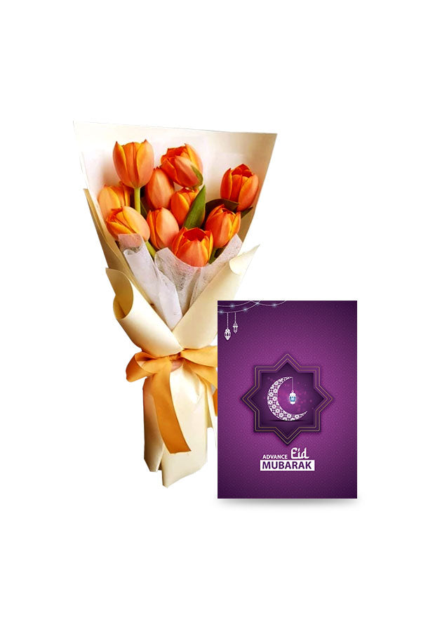 Eid im Voraus Blumengeschenk – schöne orangefarbene Tulpe mit Karte