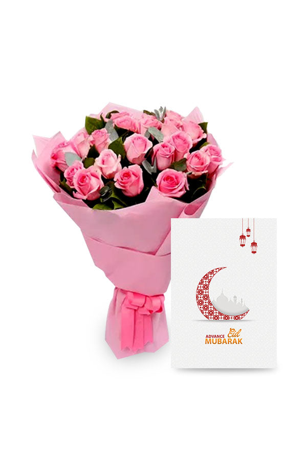 Eid im Voraus Blumengeschenk – rosa Rosenstrauß mit Karte