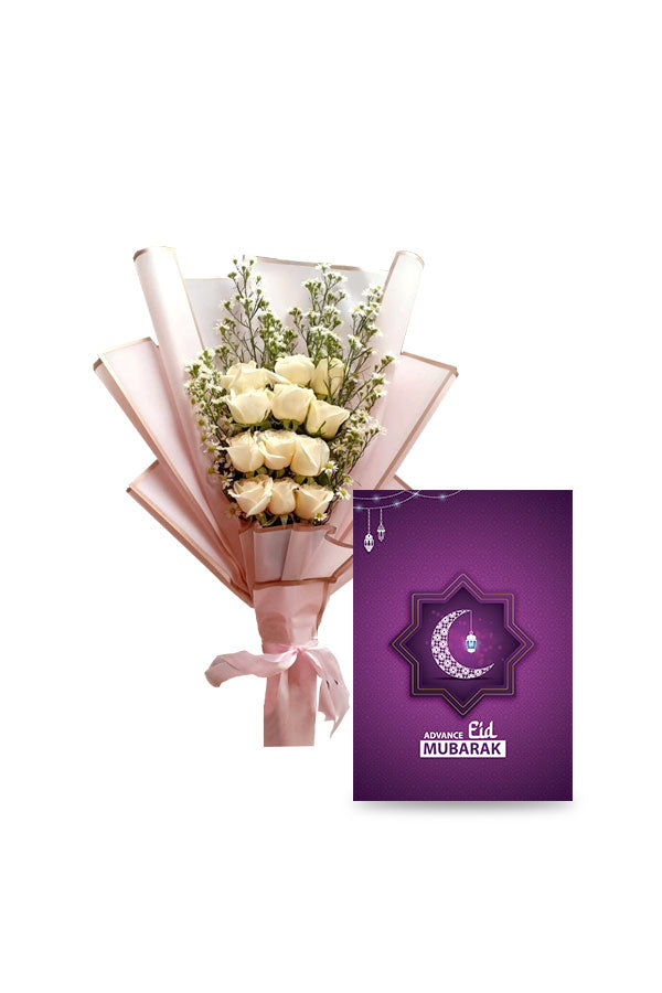 Eid In Advance Flower Gift-White Rose Bouquet With Card