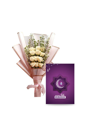 White Rose Bouquet for Eid Gift with Card – Elegant Flower Gift for Special Occasions

