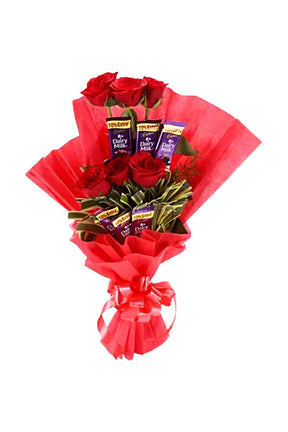 Expressive Love flower bouquet with red roses and Dairy Milk chocolates