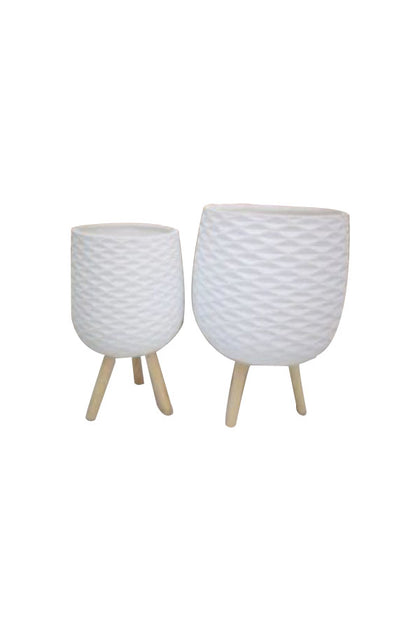 White Ceramic Planter Pot With Wooden Stand