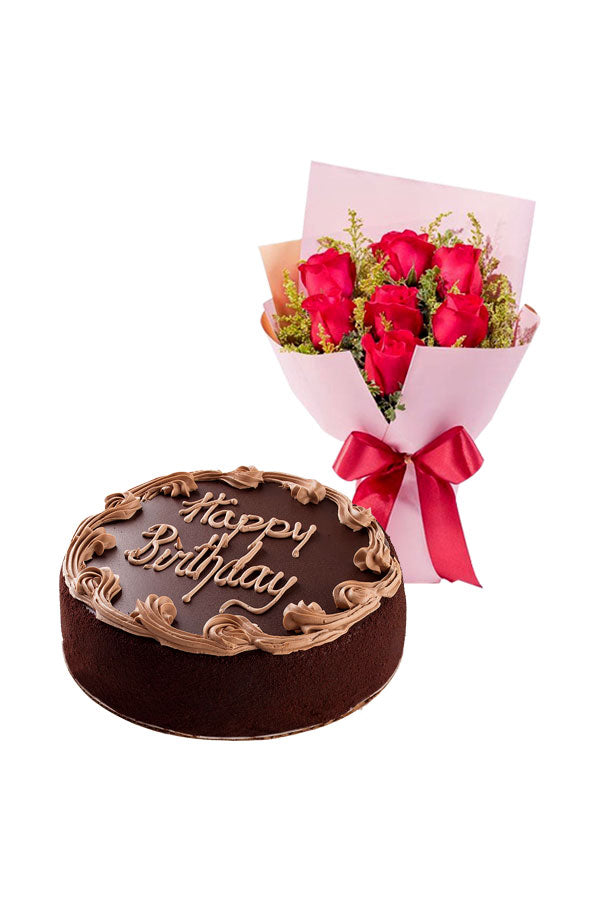 Blume mit Kuchen-Roter Rosenstrauß mit Schokoladenkuchen