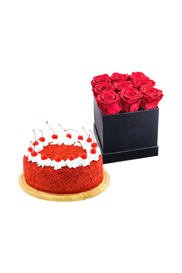 Blume mit Kuchen-Rosenschachtel mit Schokoladen-Tropfkuchen