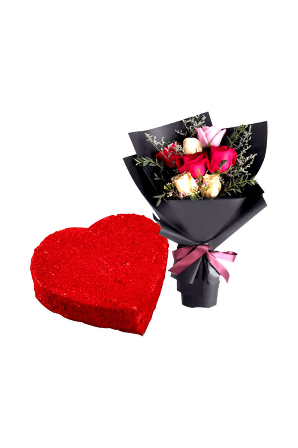 Blume mit Kuchen-Rosenbündel mit rotem Samtkuchen