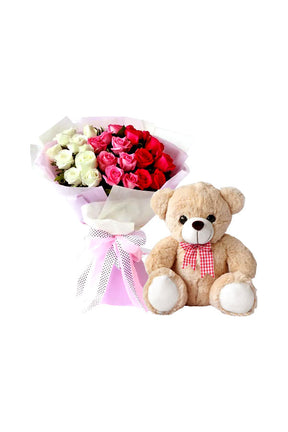 Romantic 24 mixed red and white rose bouquet with plush teddy