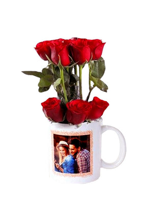 Red Rose Bunch with Mug - Romantic flower gift with a red rose bouquet and love-themed mug from Plantsworld.ae